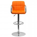 Contemporary Orange Quilted Vinyl Adjustable Height Barstool with Arms and Chrome Base