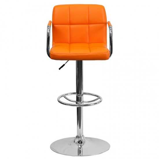 Contemporary Orange Quilted Vinyl Adjustable Height Barstool with Arms and Chrome Base