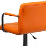 Contemporary Orange Quilted Vinyl Adjustable Height Barstool with Arms and Chrome Base