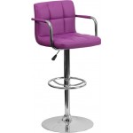 Contemporary Purple Quilted Vinyl Adjustable Height Barstool with Arms and Chrome Base