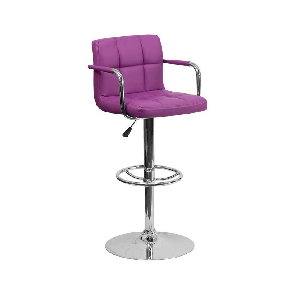 Contemporary Purple Quilted Vinyl Adjustable Height Barstool with Arms and Chrome Base