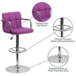 Contemporary Purple Quilted Vinyl Adjustable Height Barstool with Arms and Chrome Base