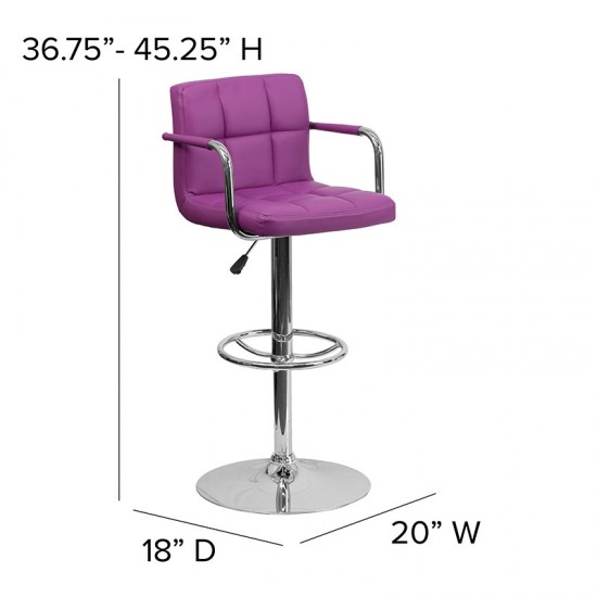 Contemporary Purple Quilted Vinyl Adjustable Height Barstool with Arms and Chrome Base