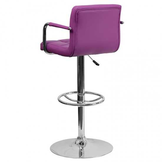 Contemporary Purple Quilted Vinyl Adjustable Height Barstool with Arms and Chrome Base