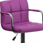 Contemporary Purple Quilted Vinyl Adjustable Height Barstool with Arms and Chrome Base