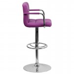 Contemporary Purple Quilted Vinyl Adjustable Height Barstool with Arms and Chrome Base