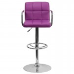 Contemporary Purple Quilted Vinyl Adjustable Height Barstool with Arms and Chrome Base