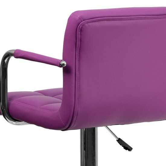 Contemporary Purple Quilted Vinyl Adjustable Height Barstool with Arms and Chrome Base