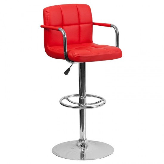 Contemporary Red Quilted Vinyl Adjustable Height Barstool with Arms and Chrome Base