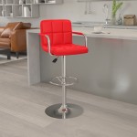 Contemporary Red Quilted Vinyl Adjustable Height Barstool with Arms and Chrome Base