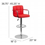 Contemporary Red Quilted Vinyl Adjustable Height Barstool with Arms and Chrome Base