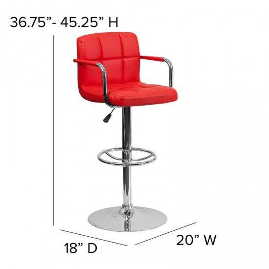 Contemporary Red Quilted Vinyl Adjustable Height Barstool with Arms and Chrome Base