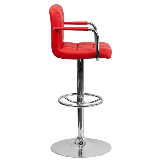 Contemporary Red Quilted Vinyl Adjustable Height Barstool with Arms and Chrome Base