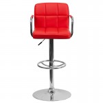 Contemporary Red Quilted Vinyl Adjustable Height Barstool with Arms and Chrome Base