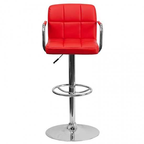 Contemporary Red Quilted Vinyl Adjustable Height Barstool with Arms and Chrome Base