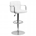 Contemporary White Quilted Vinyl Adjustable Height Barstool with Arms and Chrome Base