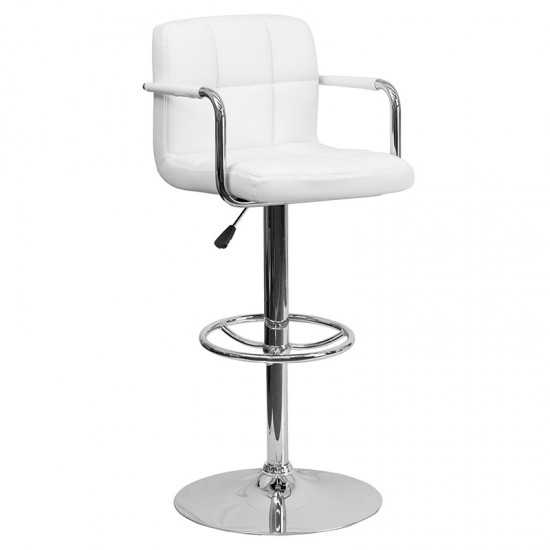 Contemporary White Quilted Vinyl Adjustable Height Barstool with Arms and Chrome Base