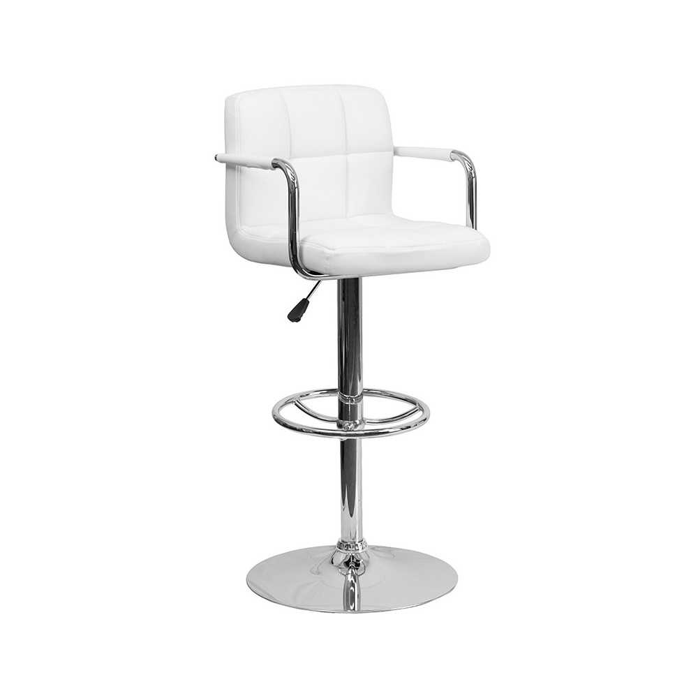 Contemporary White Quilted Vinyl Adjustable Height Barstool with Arms and Chrome Base