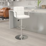 Contemporary White Quilted Vinyl Adjustable Height Barstool with Arms and Chrome Base