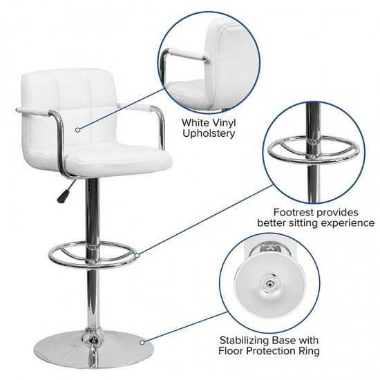 Contemporary White Quilted Vinyl Adjustable Height Barstool with Arms and Chrome Base