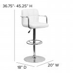 Contemporary White Quilted Vinyl Adjustable Height Barstool with Arms and Chrome Base