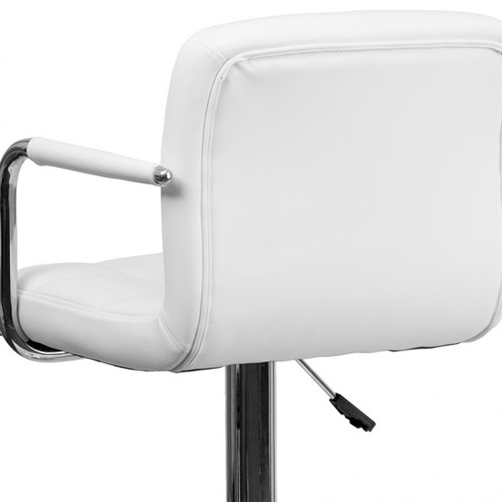 Contemporary White Quilted Vinyl Adjustable Height Barstool with Arms and Chrome Base