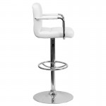 Contemporary White Quilted Vinyl Adjustable Height Barstool with Arms and Chrome Base