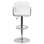 Contemporary White Quilted Vinyl Adjustable Height Barstool with Arms and Chrome Base