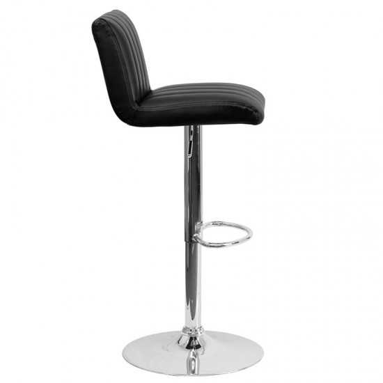 Contemporary Black Vinyl Adjustable Height Barstool with Vertical Stitch Back/Seat and Chrome Base