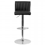 Contemporary Black Vinyl Adjustable Height Barstool with Vertical Stitch Back/Seat and Chrome Base