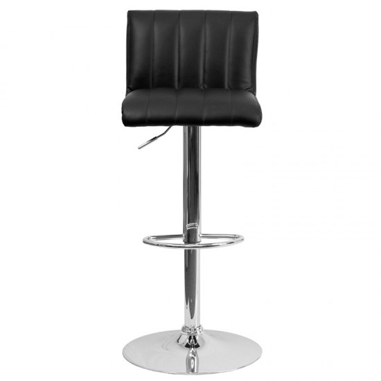 Contemporary Black Vinyl Adjustable Height Barstool with Vertical Stitch Back/Seat and Chrome Base
