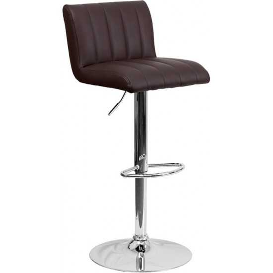 Contemporary Brown Vinyl Adjustable Height Barstool with Vertical Stitch Back/Seat and Chrome Base