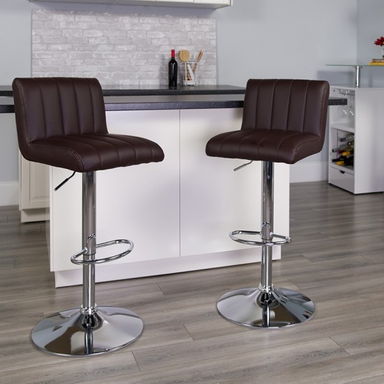 Contemporary Brown Vinyl Adjustable Height Barstool with Vertical Stitch Back/Seat and Chrome Base