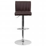 Contemporary Brown Vinyl Adjustable Height Barstool with Vertical Stitch Back/Seat and Chrome Base