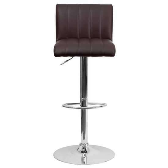 Contemporary Brown Vinyl Adjustable Height Barstool with Vertical Stitch Back/Seat and Chrome Base