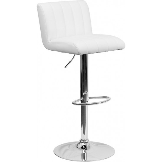 Contemporary White Vinyl Adjustable Height Barstool with Vertical Stitch Back/Seat and Chrome Base