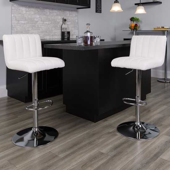 Contemporary White Vinyl Adjustable Height Barstool with Vertical Stitch Back/Seat and Chrome Base