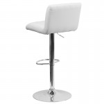 Contemporary White Vinyl Adjustable Height Barstool with Vertical Stitch Back/Seat and Chrome Base