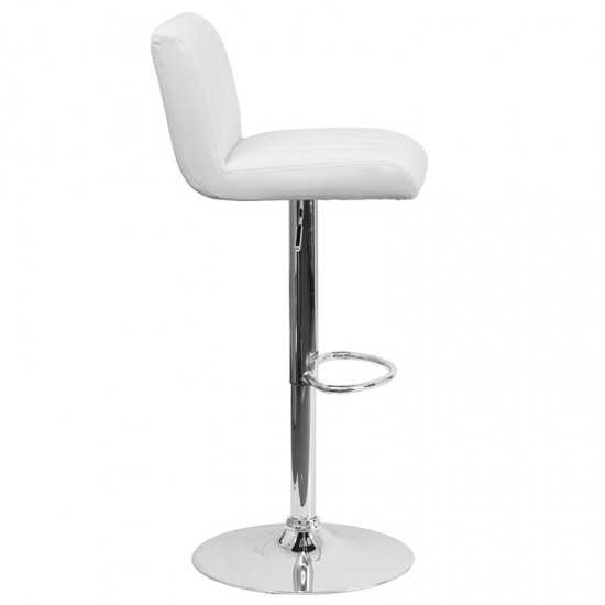 Contemporary White Vinyl Adjustable Height Barstool with Vertical Stitch Back/Seat and Chrome Base