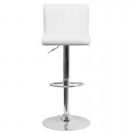Contemporary White Vinyl Adjustable Height Barstool with Vertical Stitch Back/Seat and Chrome Base