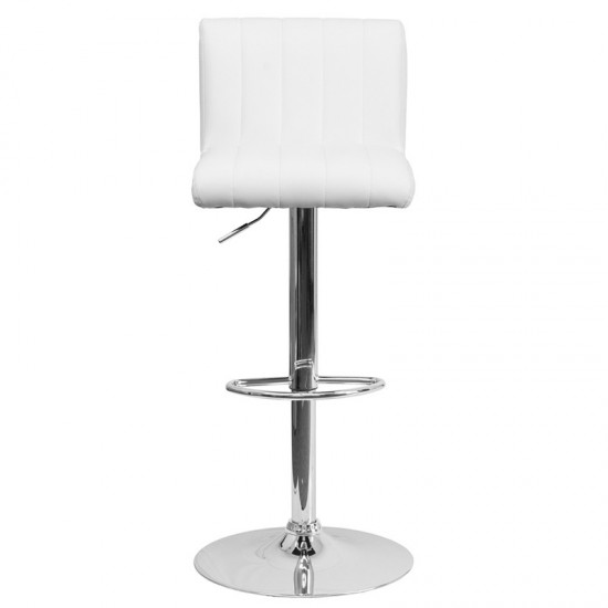 Contemporary White Vinyl Adjustable Height Barstool with Vertical Stitch Back/Seat and Chrome Base