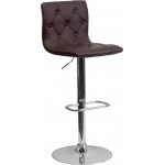 Contemporary Button Tufted Brown Vinyl Adjustable Height Barstool with Chrome Base