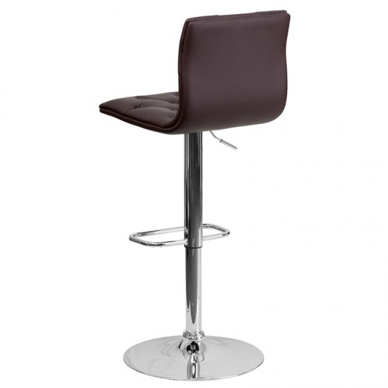 Contemporary Button Tufted Brown Vinyl Adjustable Height Barstool with Chrome Base