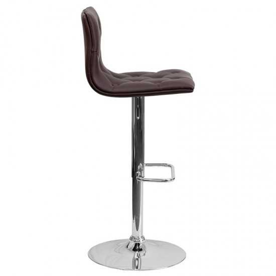 Contemporary Button Tufted Brown Vinyl Adjustable Height Barstool with Chrome Base