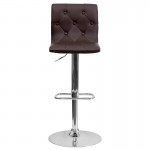 Contemporary Button Tufted Brown Vinyl Adjustable Height Barstool with Chrome Base