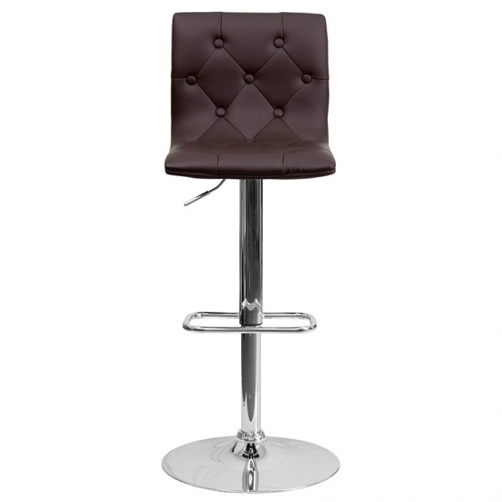 Contemporary Button Tufted Brown Vinyl Adjustable Height Barstool with Chrome Base