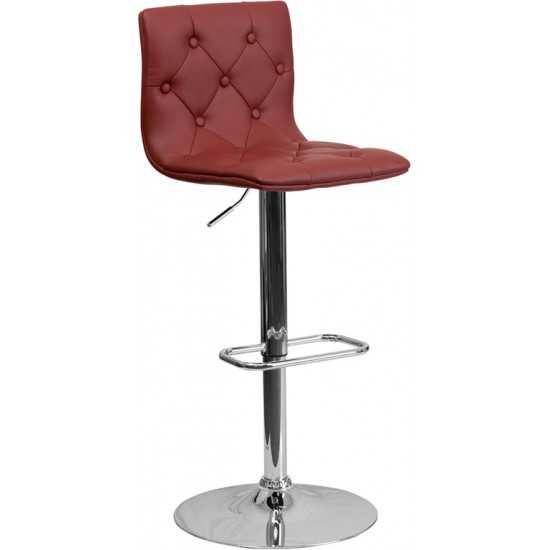 Contemporary Button Tufted Burgundy Vinyl Adjustable Height Barstool with Chrome Base