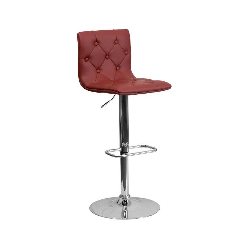 Contemporary Button Tufted Burgundy Vinyl Adjustable Height Barstool with Chrome Base