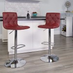 Contemporary Button Tufted Burgundy Vinyl Adjustable Height Barstool with Chrome Base