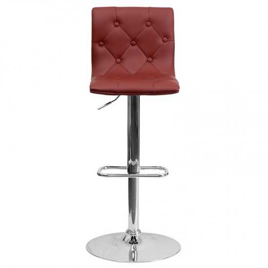 Contemporary Button Tufted Burgundy Vinyl Adjustable Height Barstool with Chrome Base